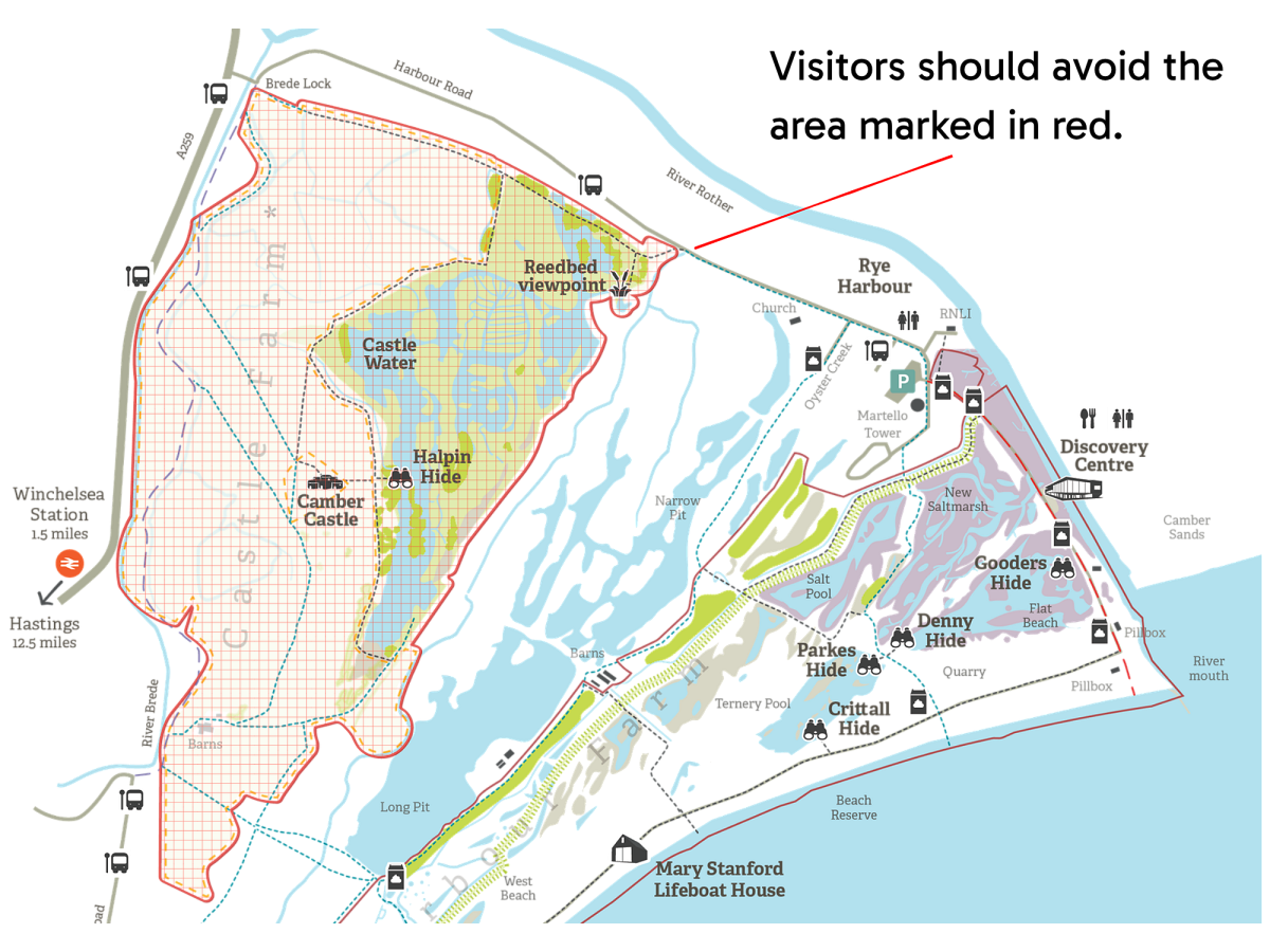 Exclusion zone at Rye Harbour Nature Reserve to to suspected avian botulism
